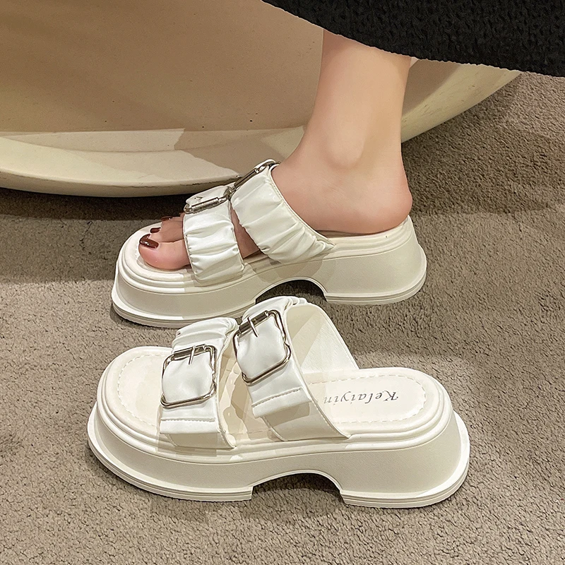 

Шлепанцы женские на платформе, сланцы средней высоты, роскошные домашние тапки из искусственной кожи, на резиновой подошве, для улицы, 2023