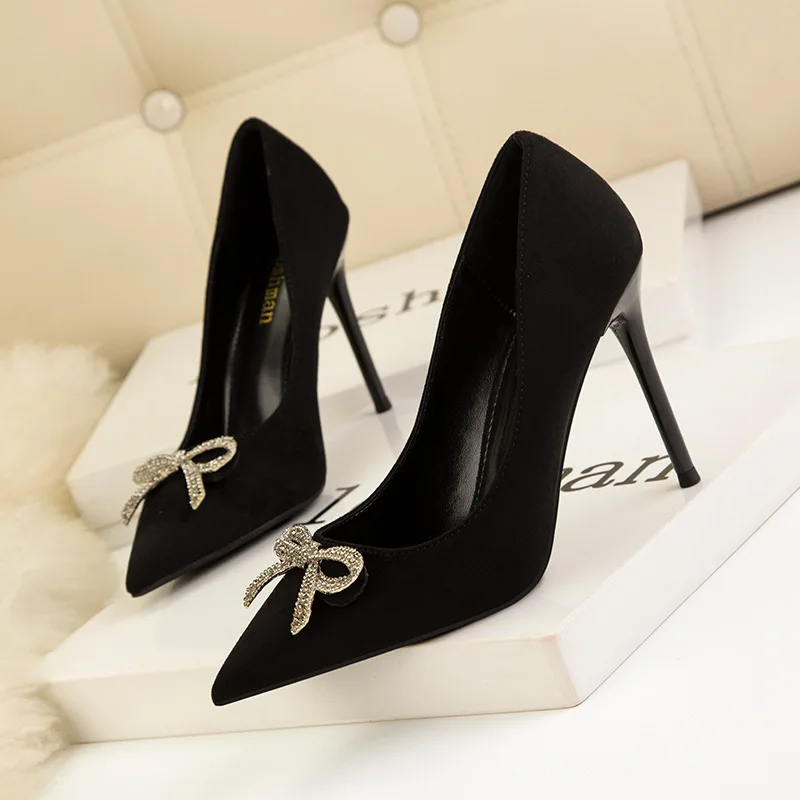 

6cm New Fashion Pointed Toe with Bow Rhiestone Flock Pumps High Heels Elegant for Women Black Shoes 39 40 41