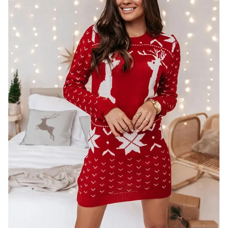 

New Christmas Ladies sweater dress Elk Red mini dress Christmas Snowflake jacquard long-sleeved sweater dress for ladies O-Neck