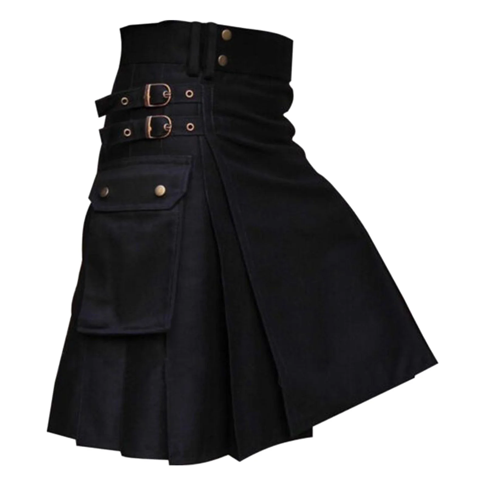 

Юбка в шотландском стиле мужская с карманами, повседневная плиссированная однотонная готическая юбка-карго Kilt с металлическим ремнем, Черная
