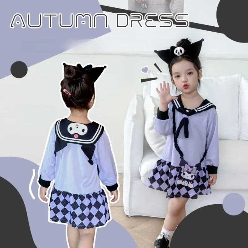 

1m-1.2m Kids Kawaii Sanrio Kuromi Dress Cute Cartoon Chequer 3~8years Old Cute Sweet Autumn Winter Long Sleeve Skirt Girl Gift