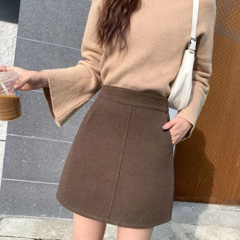 Простая офисная женская осенне-зимняя шерстяная утолщенная однотонная юбка