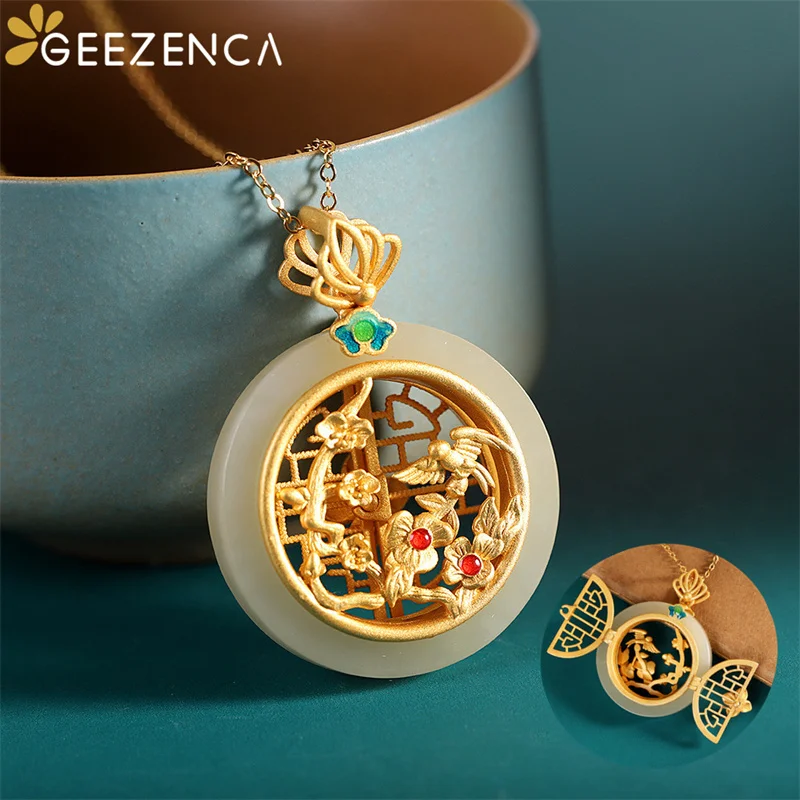 GEEZENCA 925 Серебряный пустотелый нефритовый кулон для ожерелья Птица Цветок