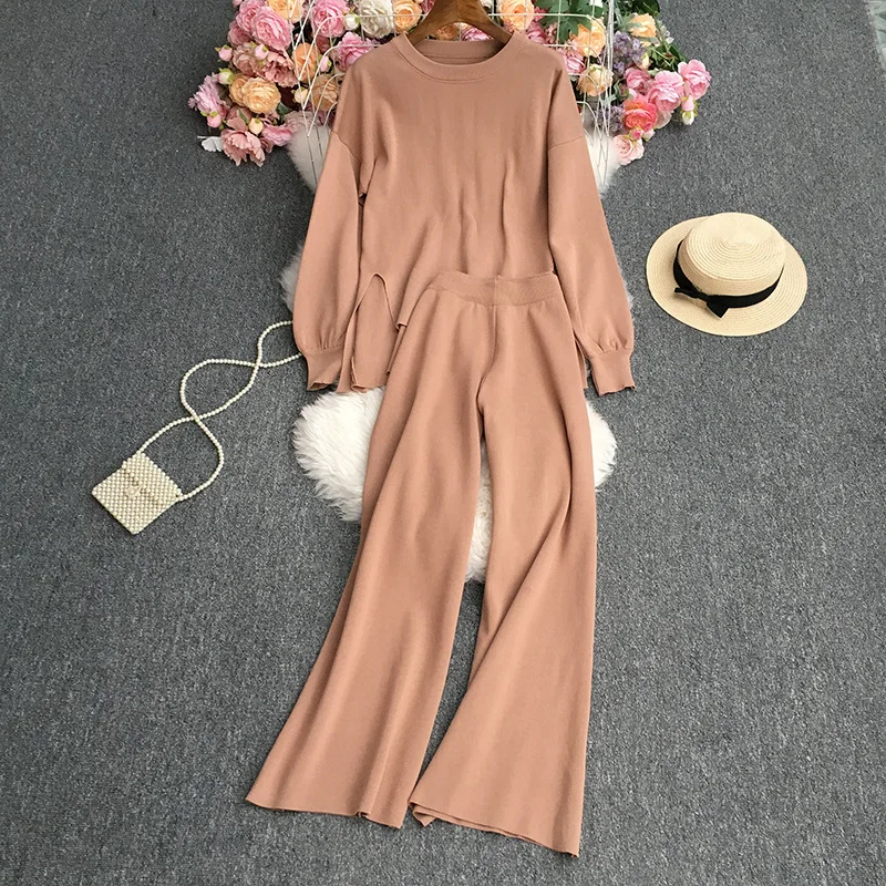 

Solid Color Long Sleeve Knitted Pants Sets Casual Woman Autumn Winter Loose 2 Piece Sets Womens Outfits Conjuntos De Calças