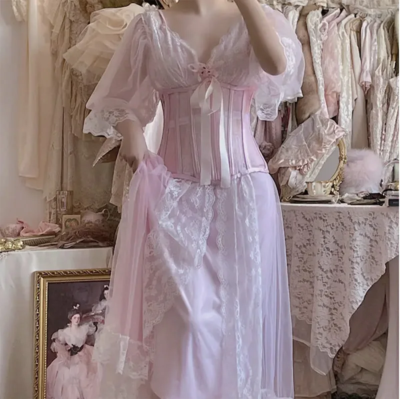 Винтажная кружевная ночная рубашка с розовым пальтом женская принцессы в стиле