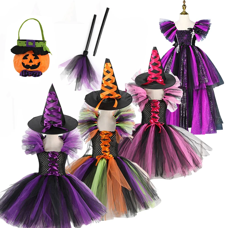 

Halloween Costume for Kids Girls Cosplay Witch Fancy Dress Children Carnival Party Mesh Tutu Dresses Clothes Vestidos 2-12Yrs