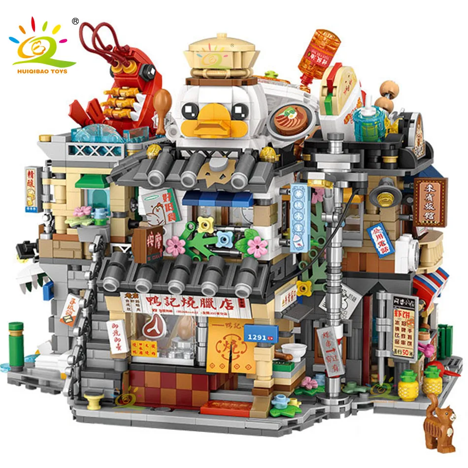 

HUIQIBAO городской Мини Китайский уличный вид магазин для гурманов микро строительные блоки набор морепродуктов Ресторан Сделай Сам Кирпичи игрушки для детей
