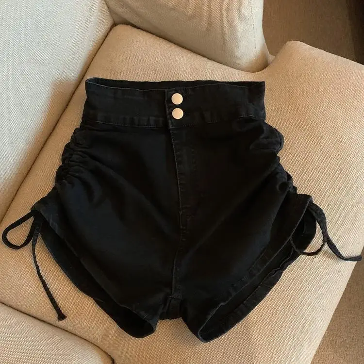 Strap and Drawstring Denim Shorts for Women High Waisted Slim Short Jeans Wide Leg Pants A-line Hot Pants Pantalones Cortos 2023
