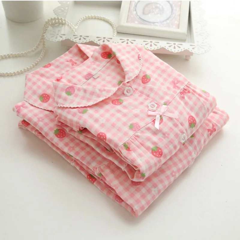 Women's Plaid Strawberry Pajamas Home Service Set Pure Cotton Cute Loose Long Sleeve 2022 Spring and Autumn New