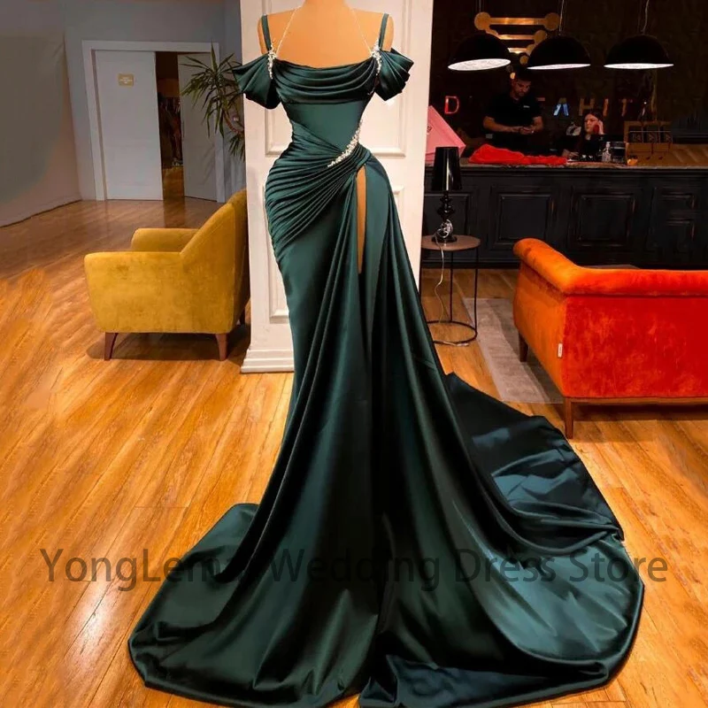 

Sexy Beadings Floor Length Mermaid Off Shoulder Split Evening Dresses Dubai Arabic Custom Made Dark Green Prom Dresses Vestidos