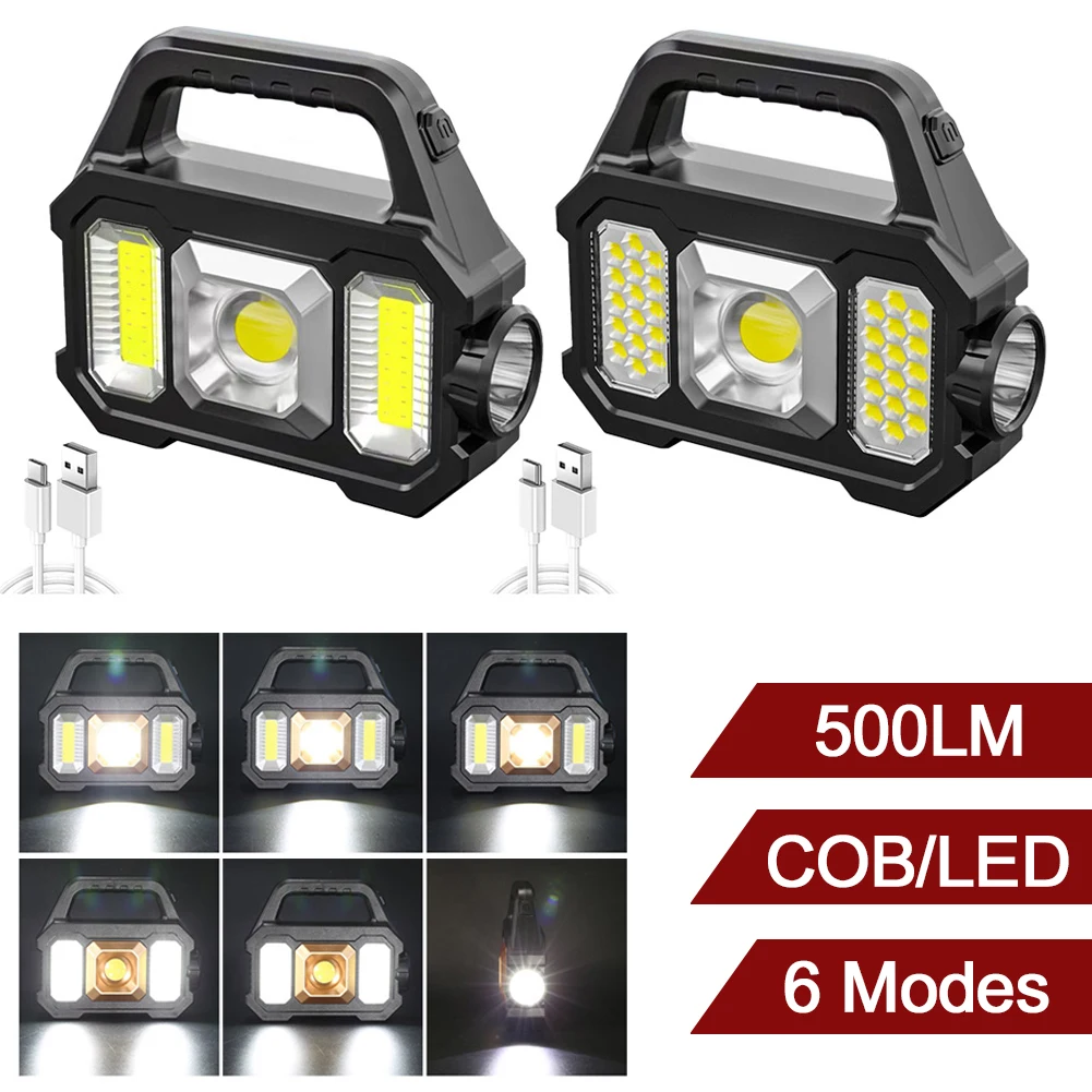 

500LM Super Bright Solar LED Camping Flashlight With COB Work Lights USB Rechargeable Handheld 6 Modes Solar Powered Lanterns