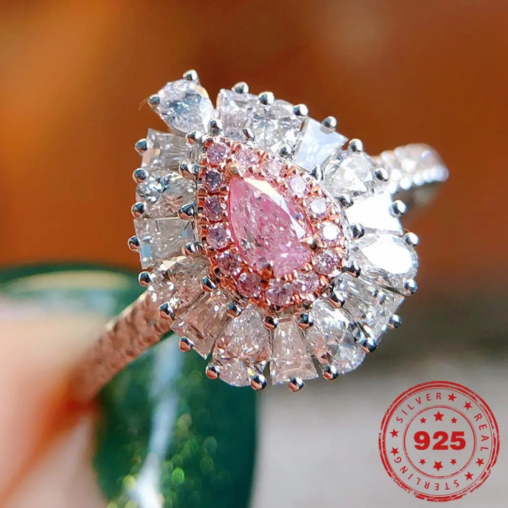 

New Glittery Water Drop Powder Diamond Ring Advanced Colour Diamond Agail Ring S925 Silver Jewelry for Woman