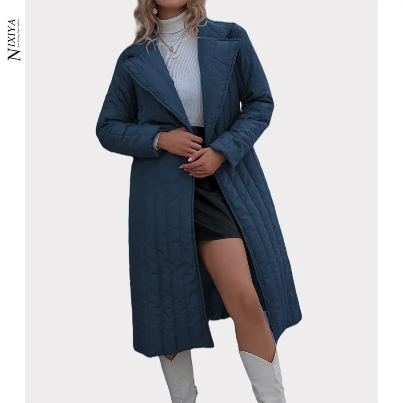New slim and slim long cotton-padded clothes with solid color temperament Belt lapel thick warm polyester fiber women's coat