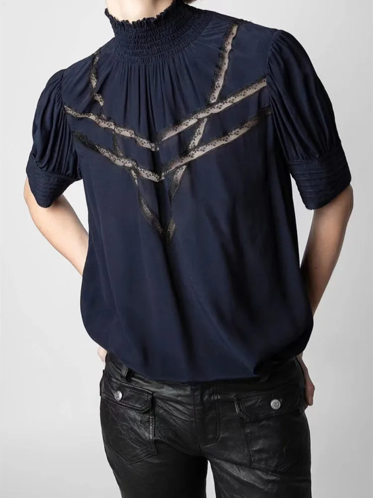 

Блузка женская однотонная из 100% вискозы, с эластичным вырезом, лето 2023, женская рубашка с коротким рукавом и кружевом, универсальный топ