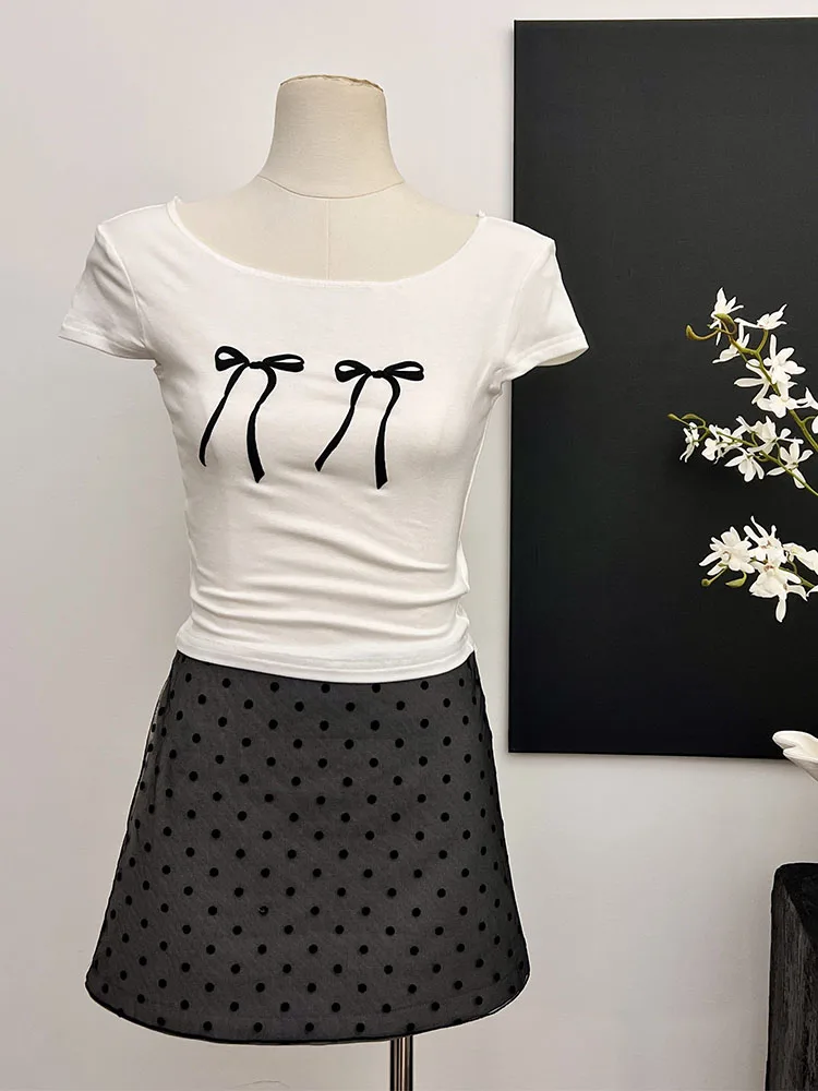 Комплект из 2 предметов с юбкой простая футболка бантом и принтом + серая