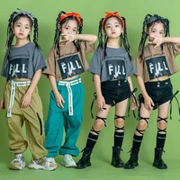 kid hip hop clothing t shirt crop top summer streetwear ruched lace up shorts cargo pants for girl jazz dance costume clothes