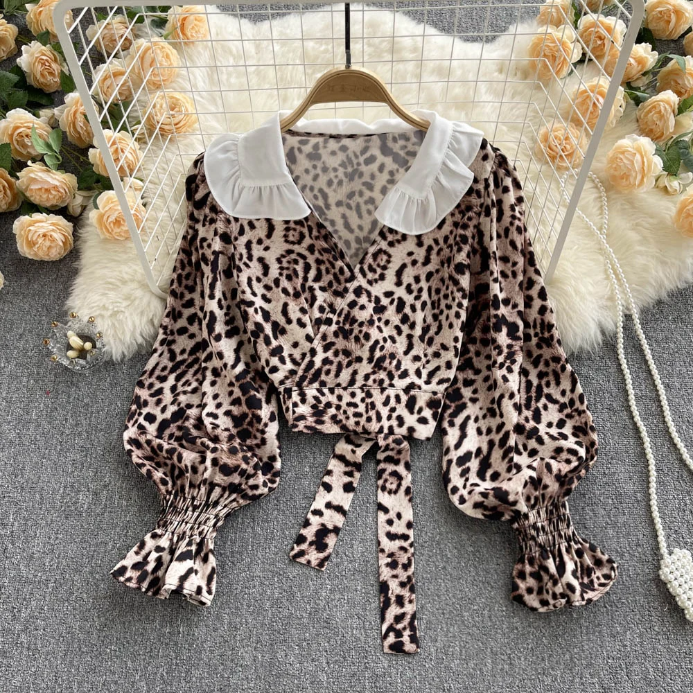 

D588 Женская Новая мода весна осень одежда 2022 свободный кукольный воротник с длинным рукавом Леопардовый принт короткий топ Женская блузка