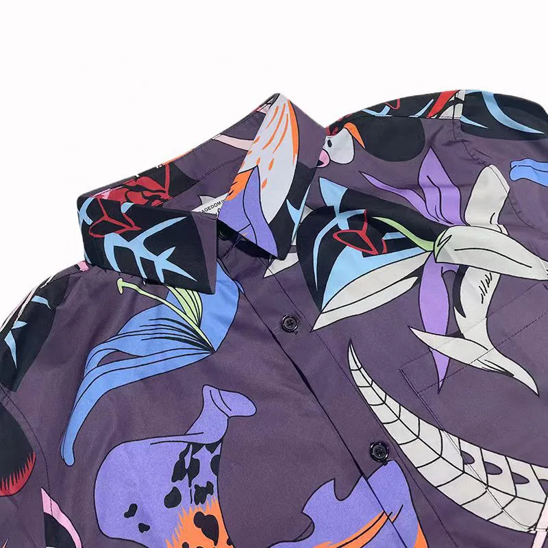 Oversize WACKO MARIA Polyester Long Shirt Floral Print Men Women High Street Casual V Shape Blouse