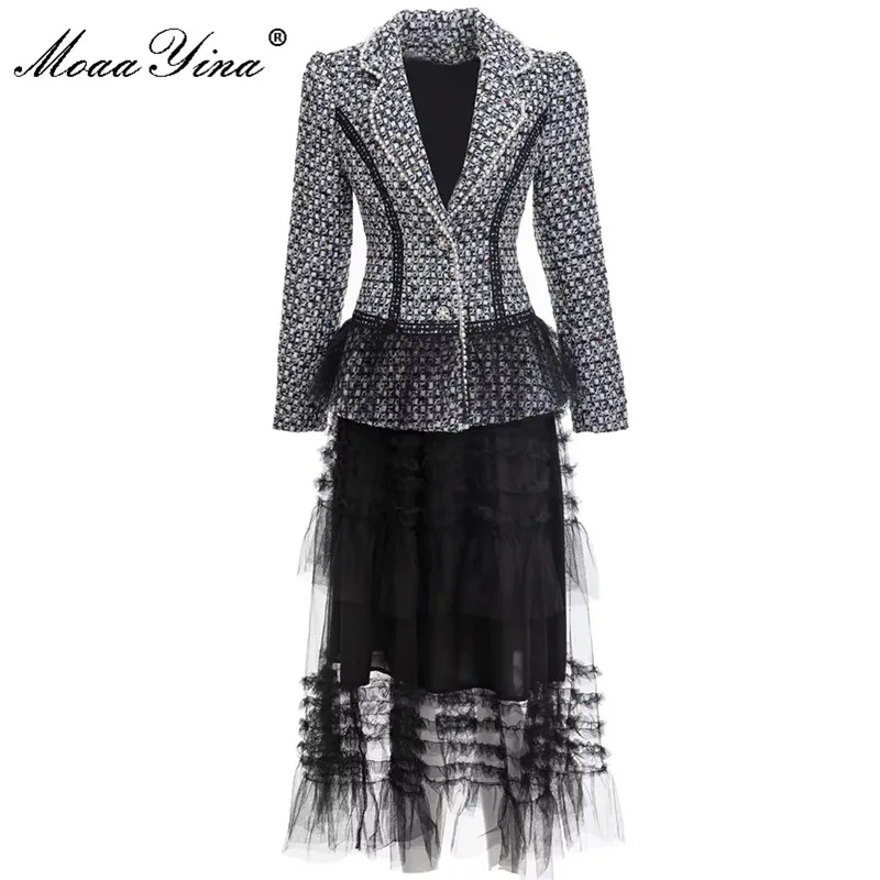 

MoaaYina Fashion Runway Autumn Winter Skirts Suit Women's Long sleeve Lace Blazer Coat and Balck Mesh Skirts 2 Pieces Set