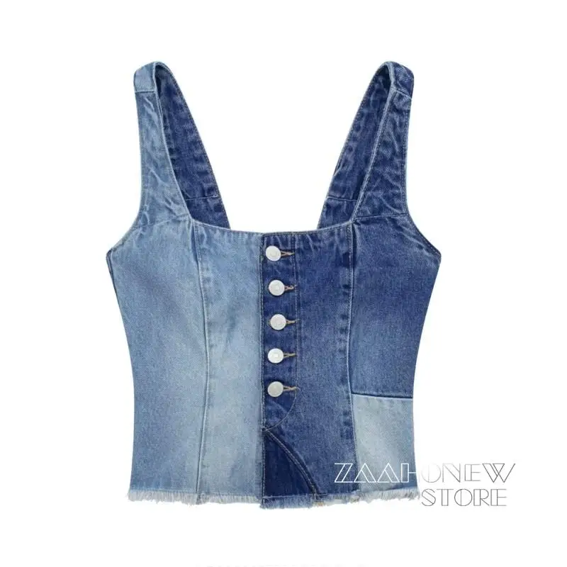 

ZAAHONEW 2023 Summer Woman Fashion Vintage Patchwork Sleeveless Denim Vest Casual Suspenders Tank Tops Female