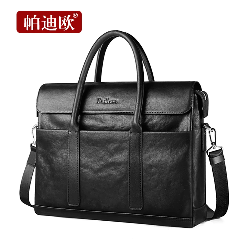 Padieoe Fashion Cowhide Male Business Men Briefcase Bag Luxury Leather Laptop Bag Man Black Handbag Large Capacity Shoulder Bag