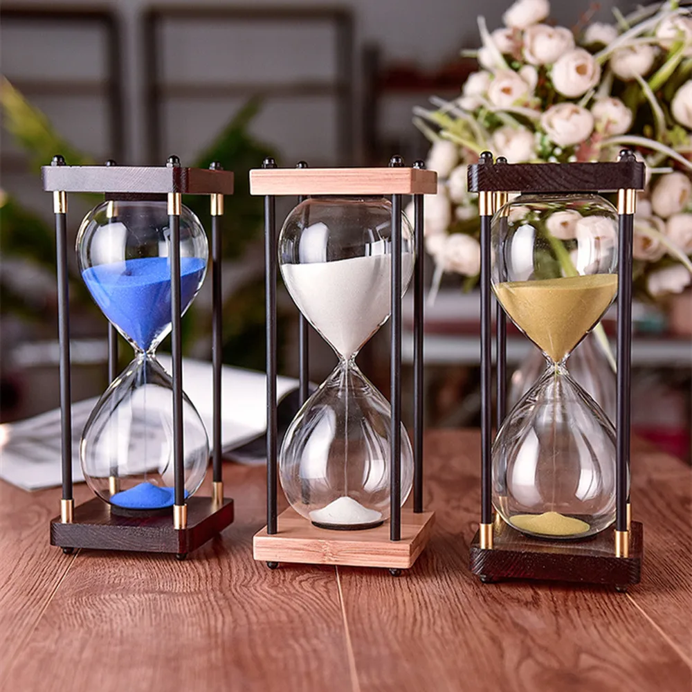 

15/30/60 Minutes Square Wood Bottom Glass Hourglass Time Timer Home Ornaments Sandglass Kitchen Hour Meter Blue Sand Clock Kids