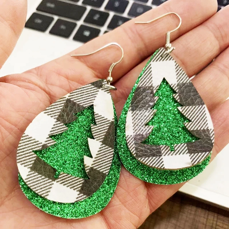 

DIY Faux Leather Buffalo Plaid Christmas Tree Earrings Two Layers Green Glitter