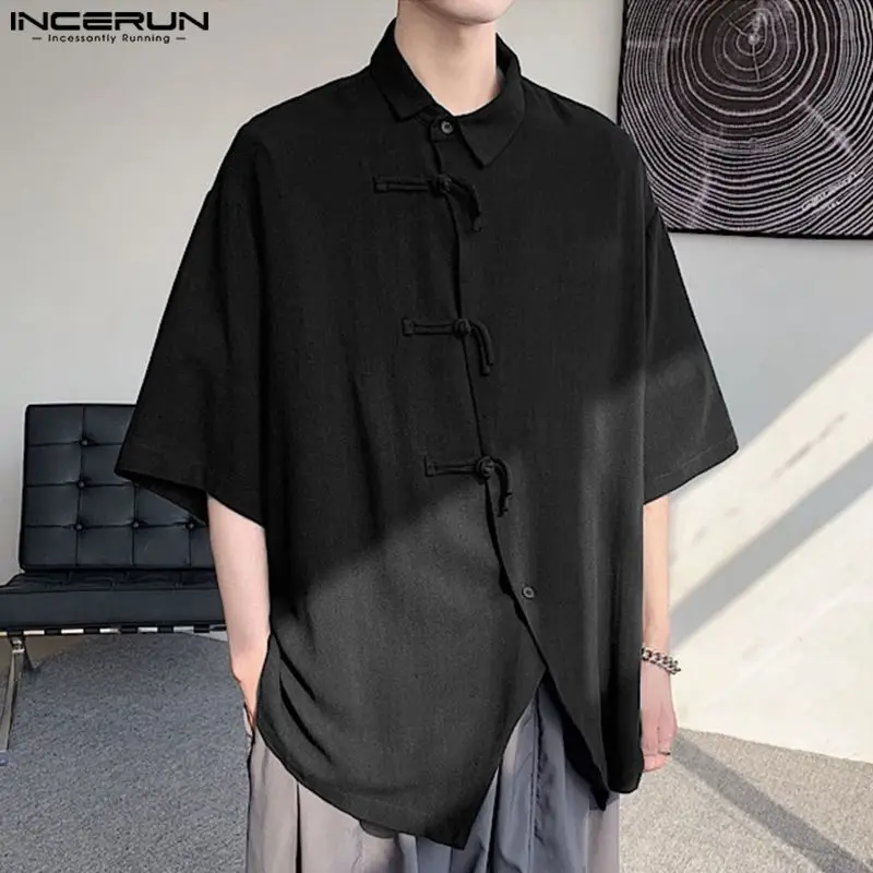 

Рубашка мужская однотонная в винтажном стиле, уличная одежда в китайском стиле, повседневная с отложным воротником и короткими рукавами, на пуговицах, осень 2023