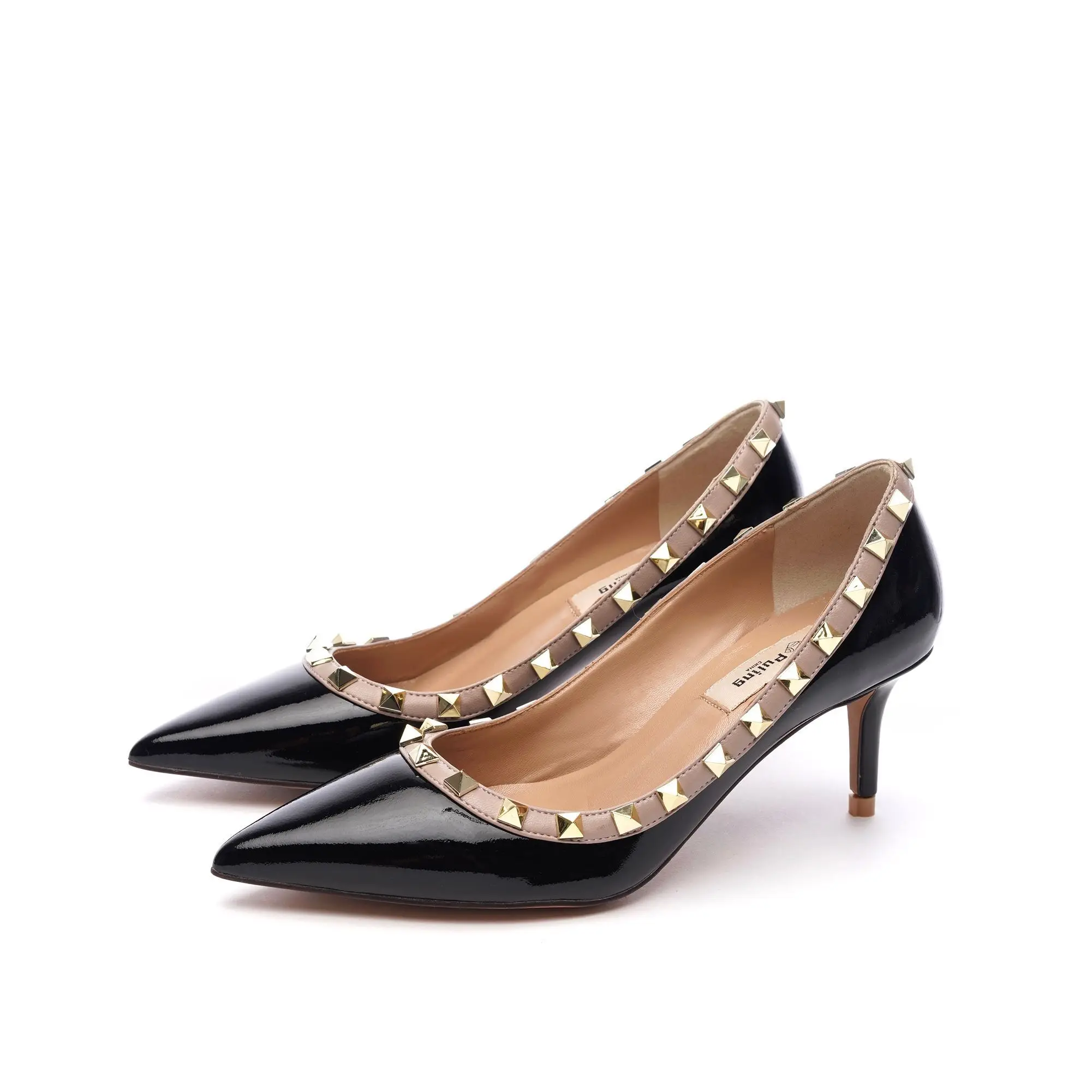 

Women Shoes Pointed Toe Pumps Black Patent Leather Medium Heels