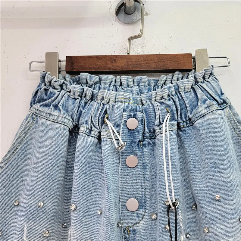 2023 Summer New Heavy Industry Tassel Bead Diamond High Waist Slimming Wide-Leg Denim Shorts Women
