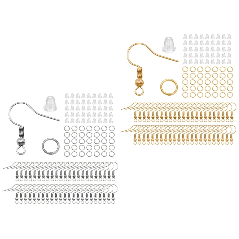 

Q81D 300Pcs Hypoallergenic Earring Hook Kit Ear Wires Fish Hooks Open Jump Rings Earplugs Set for Earring Making Repair
