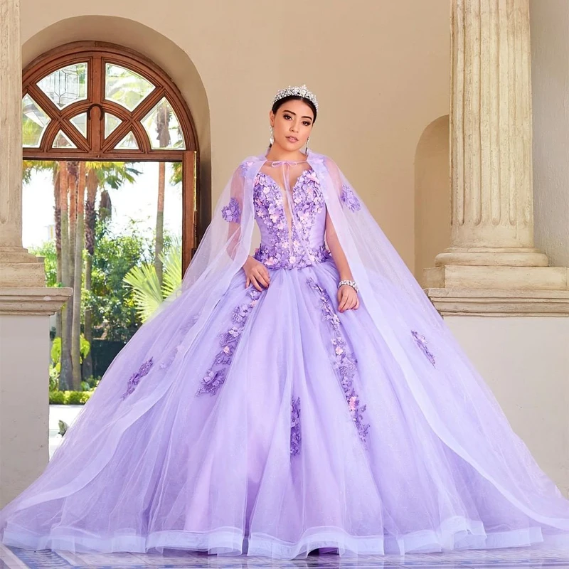 

Lavender Sweetheart Ball Gown Quinceanera Dresses For 15 Party Beading Applique 3D Flower Off-Shoulder Cinderella Birthday Gown