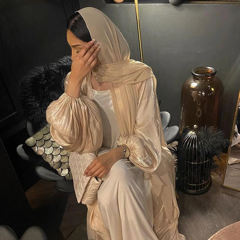 Eid Djellaba Abaya Dubai Women Fashion Shiny Hijab Puff Sleeves Muslim Dress Satin Abaya Dubai Turkey Muslim Dress Islam Abayas