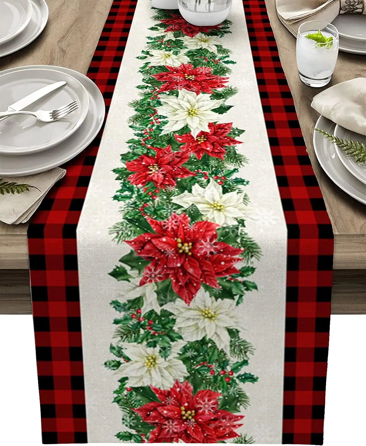 

Christmas Poinsettia Flwoer Leaf Linen Table Runners Kitchen Table Decor Reusable Dining Table Runners Navidad Decorations 2023