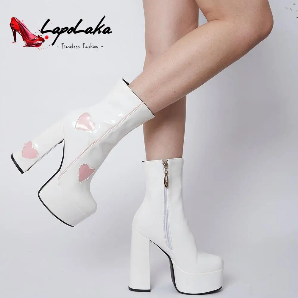 LapoLaka 2022 New Hot Short Boots Chunky Super Heel Women Boots Side Zipper Love Pattern Concise Office Lady Boots Autumn Winter