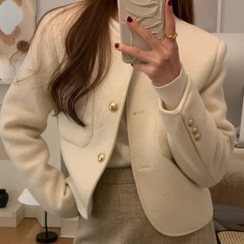 

F GIRLS Elegant O-neck Woman Short Woolen Coat Korea Chic Fashion Jakcet 2022 Spring New Long Sleeve Single Breasted Outwear