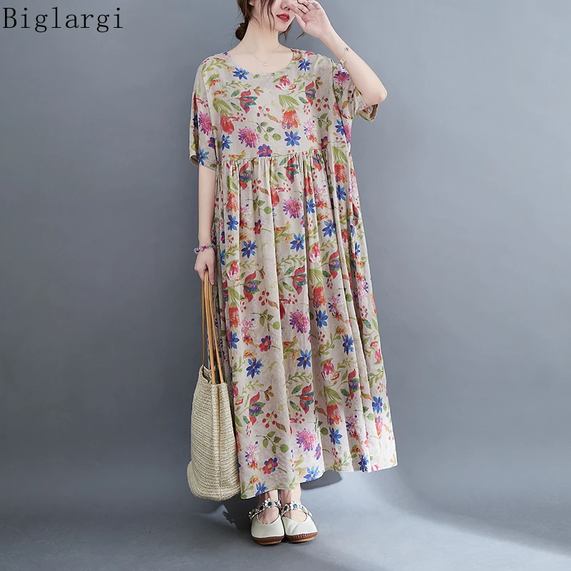 

Oversized Floral Summer Dress Women Beach Dress Vestido Casual Long Size Korean Cotton Woman FlowerCasual Ladies Dresses
