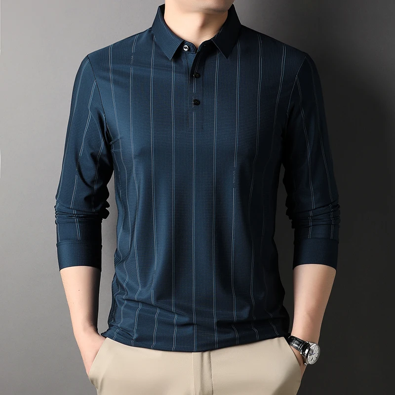 

Мужская рубашка-поло с длинным рукавом, в Вертикальную Полоску