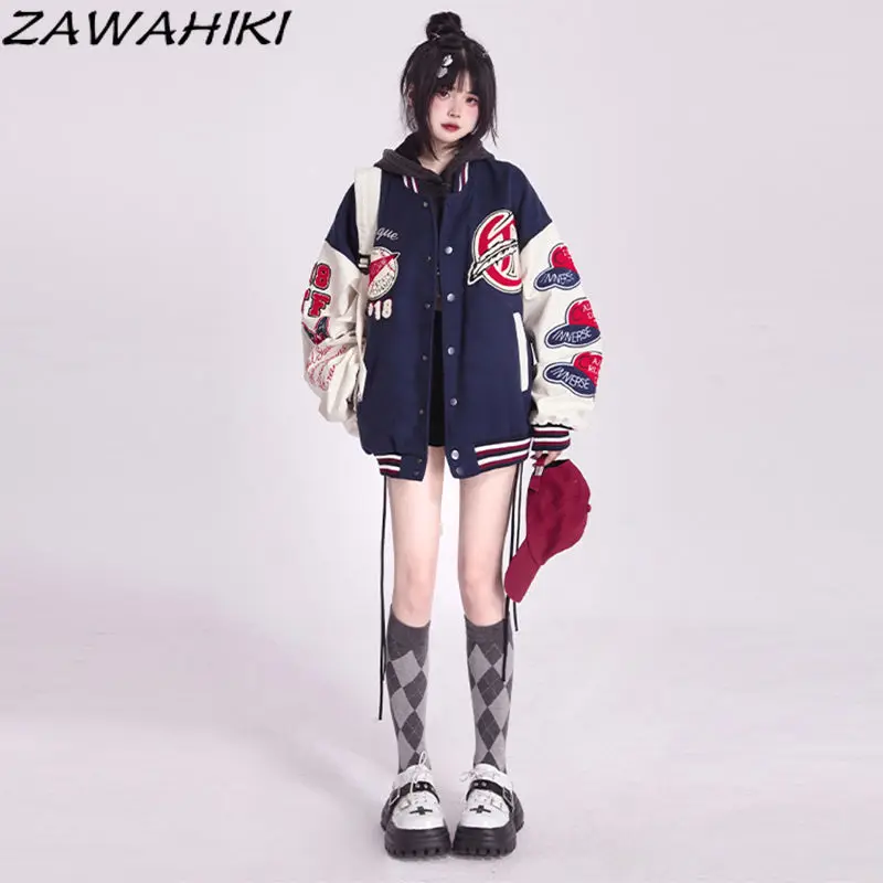 

Модная винтажная уличная одежда zawхиты, бейсбольная куртка контрастных цветов в стиле пэчворк, Женская весенне-осенняя универсальная куртка оверсайз с надписью