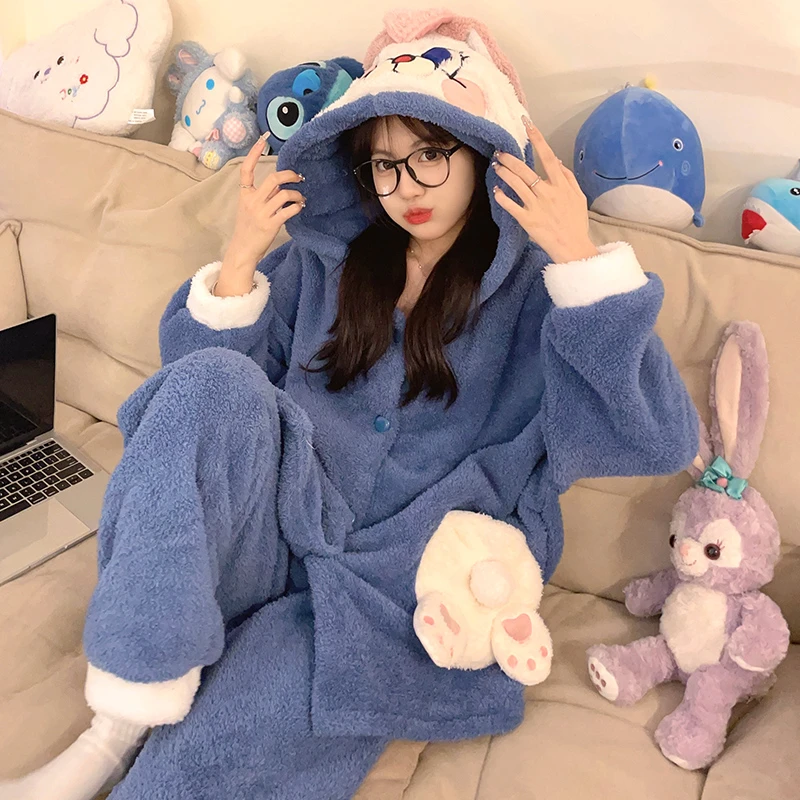 

Winter Pajamas For Women Set Adult Girls Sleepwear Thick Pijama Mujer Korean Loose Coral Velvet Pyjama Loungewear Lovely Hooded