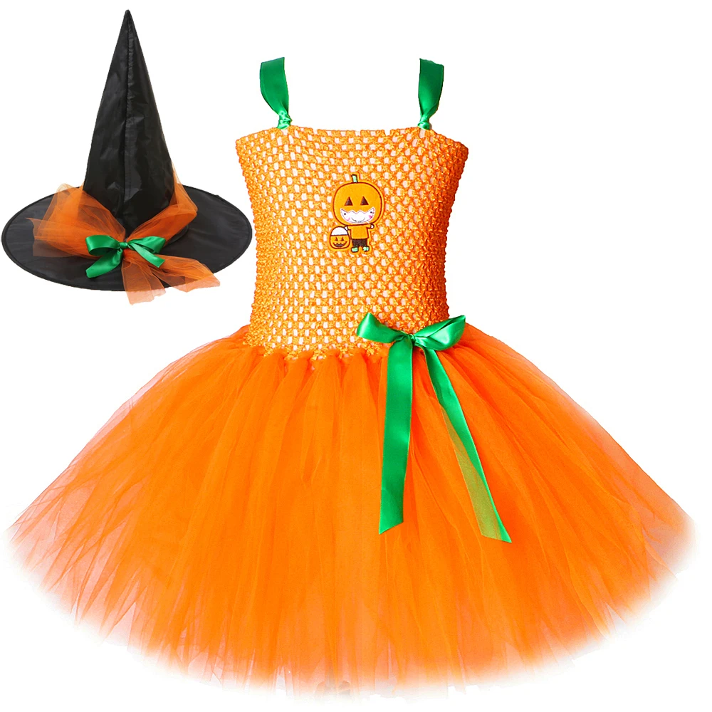 

2022 Pumpkin Dresses For Baby Girls Tutu Dress With Witch Hat Halloween Costume For Kids Girl Pumpkin Clothes For Carnival Party