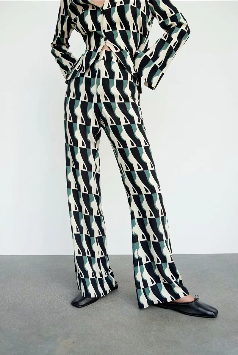 

Винтажные летние костюмы с геометрическим принтом, женская пижама с V-образным вырезом, женская одежда для сна оверсайз, комплект с длинным ...