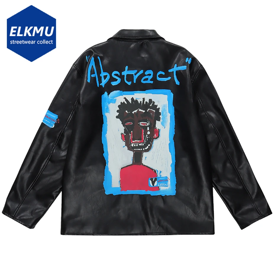 

Abstract Print Leather Jackets Men Fashion Graffiti Punk PU Leather Jacket Spring Autumn Zipper Coat