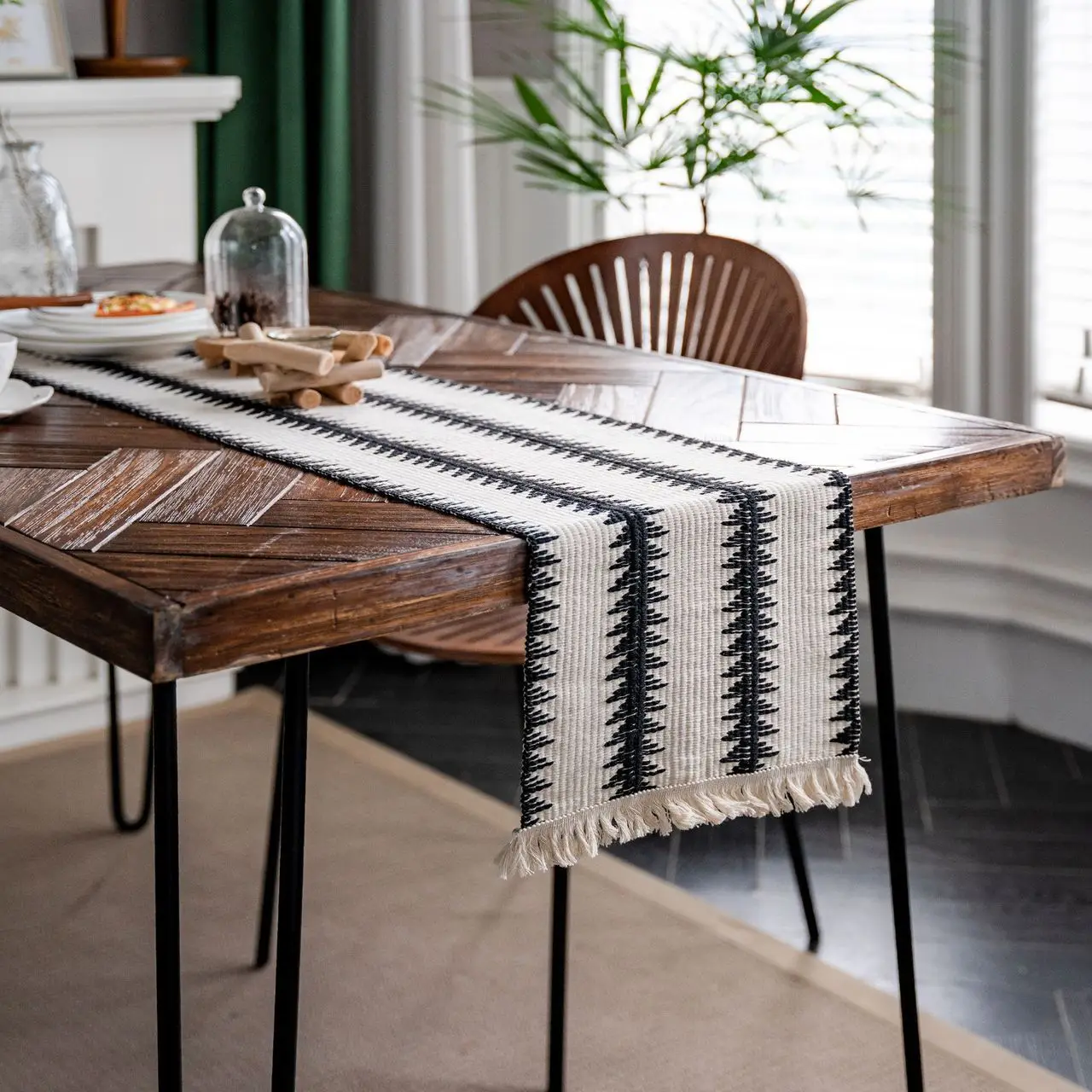 

Хлопковая льняная настольная дорожка в черно-белую полоску, Настольная дорожка, подстилка, простой стиль вечерние ринки, украшение для дома...