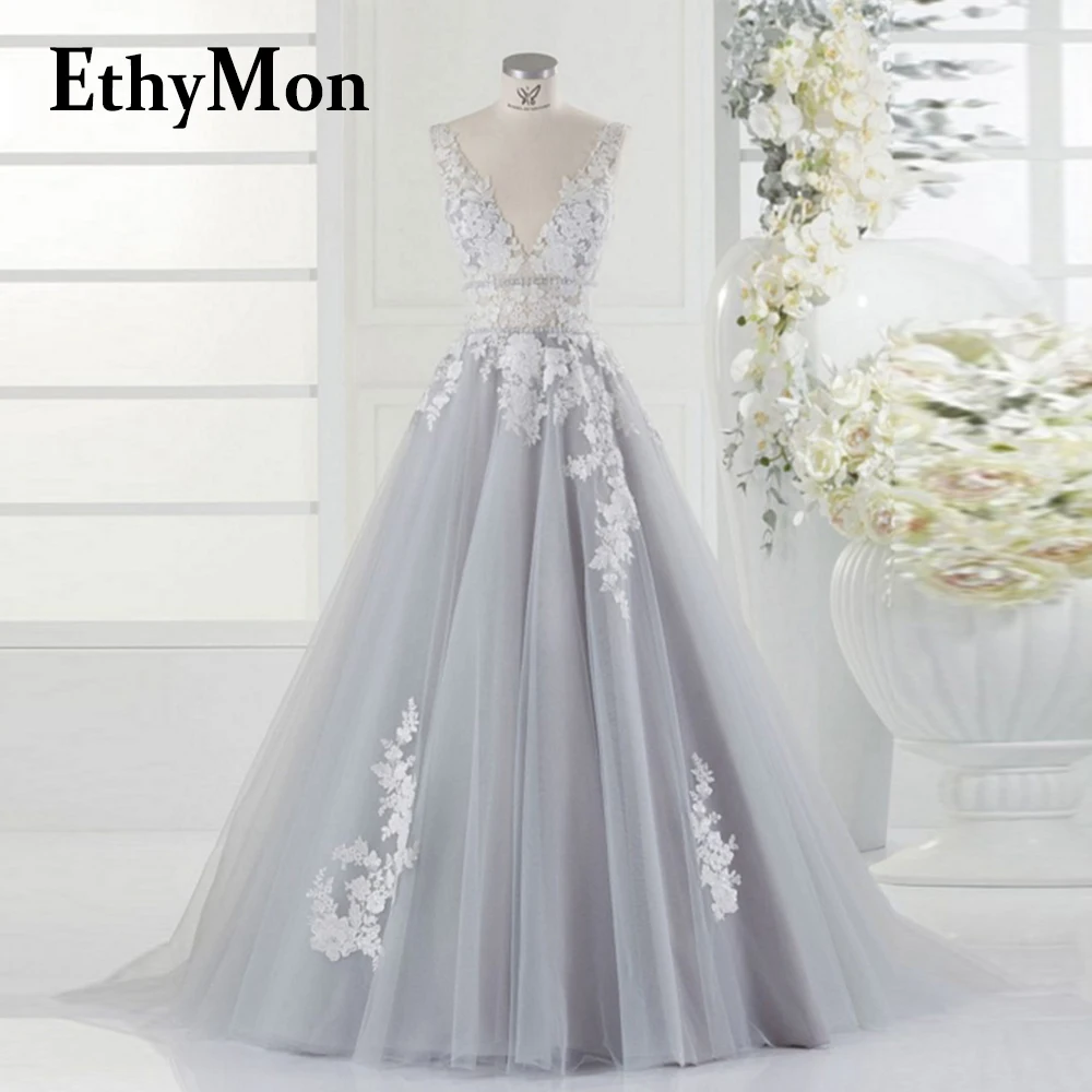 

Ethymon Luxurious Deep V-Neck Backless Tulle Wedding Dresses For Mariages Appliques Robe De Soirée De Mariage Custom Made Pleat