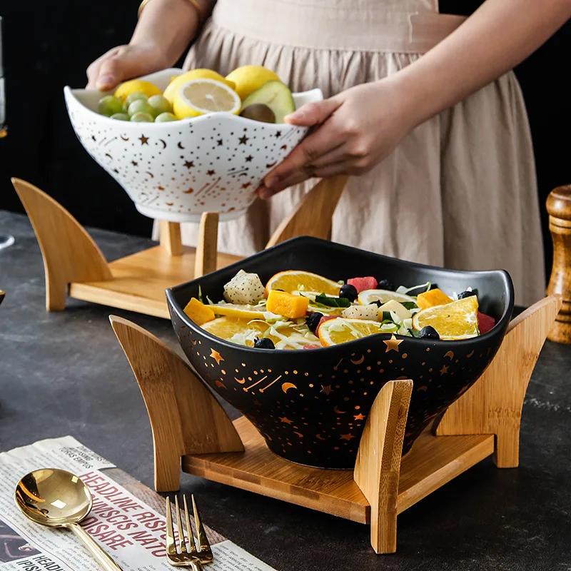 Nordic ceramic baking bowl household hotel tableware salad bowl simple wooden noodle soup bowl salad bowl