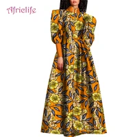 african maxi dress for women vintage lantern long sleeve high waist with two pockets pleated party clothing vestido femme wy9614