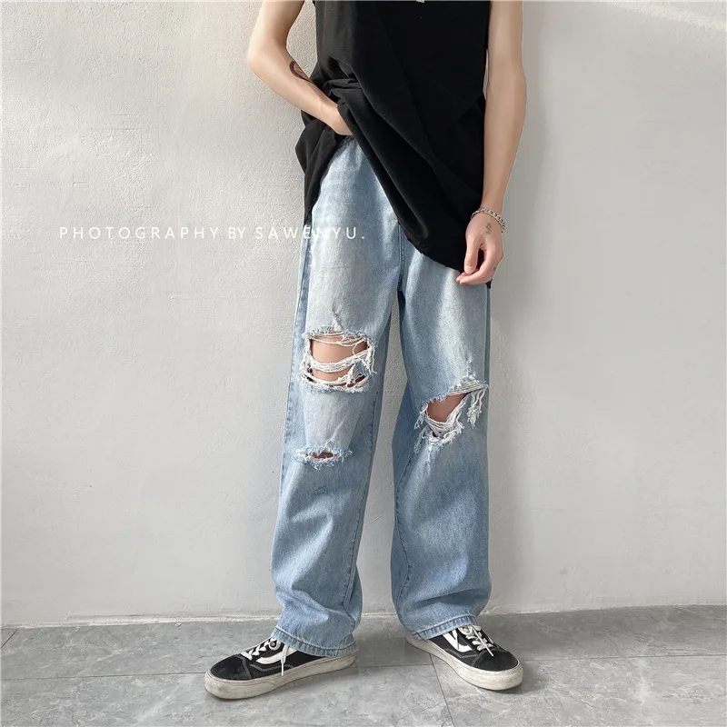 Men Jeans Wide-leg Straight Oversize 3XL Hole Ripped Street-wear All-match Denim Trousers Mens Loose Casual Fashion Harajuku New