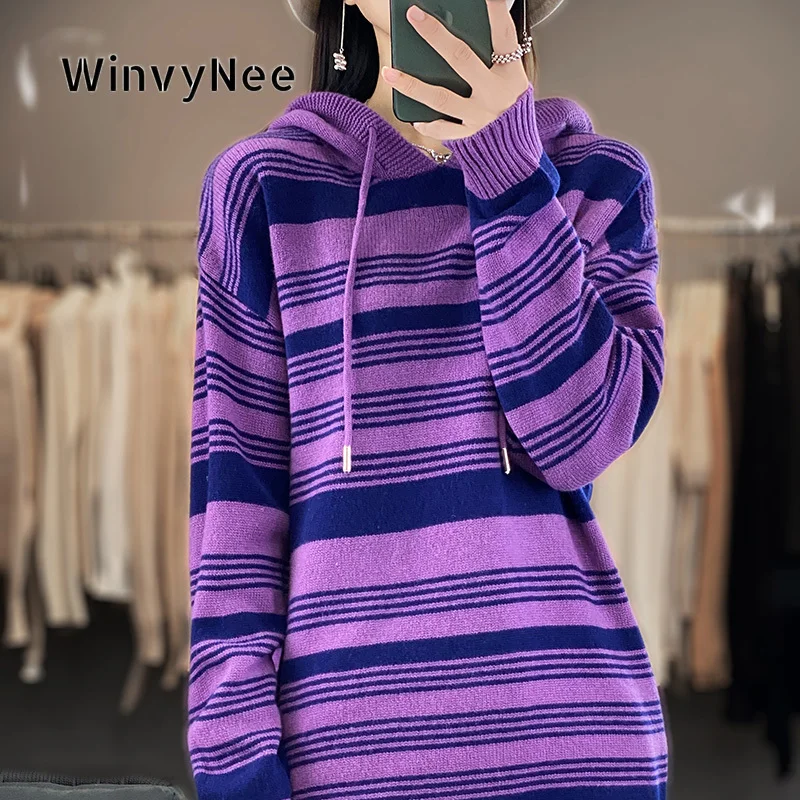 Фото Женская вязаная туника WinvyNee с капюшоном и круглым вырезом, теплая, 100% шерсть, в полоску, свободного кроя, шелковистая, стильная, для холодной зимы, повседневная одежда, модель A1853006 №3