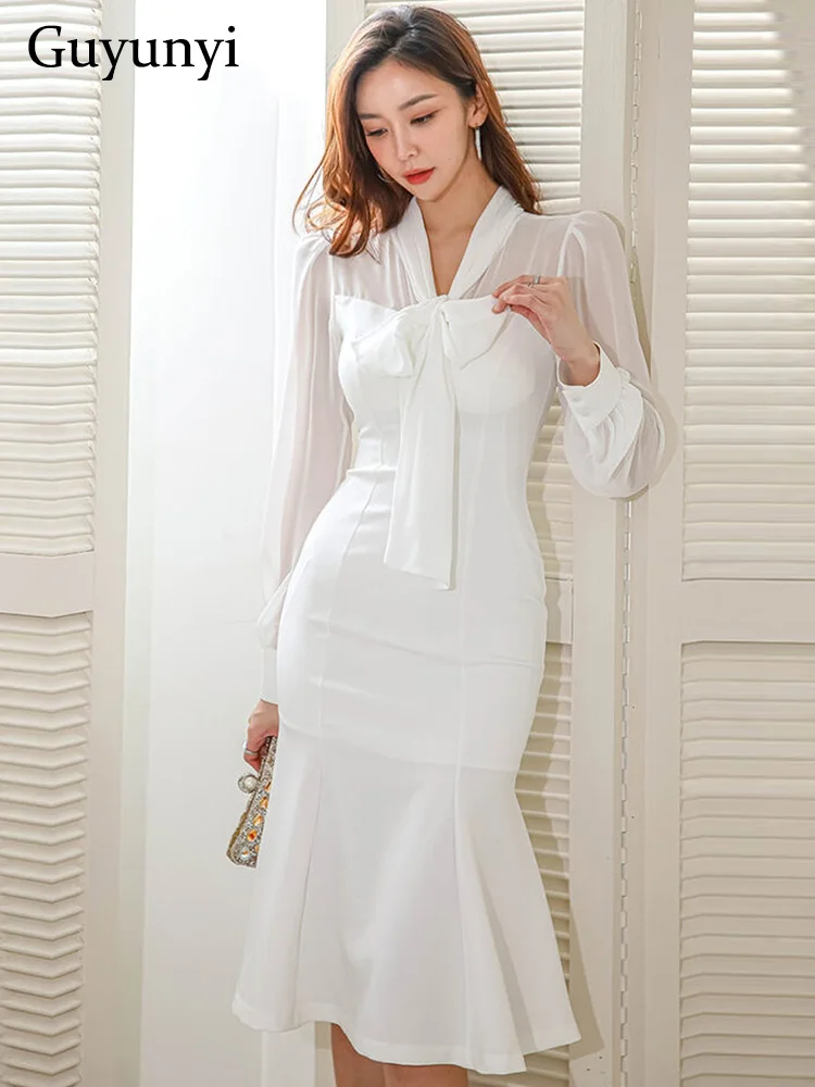 

Career Office Lady Dress Spring White Chiffon Bow V-Neck Puff Full Sleeve Tight Fish Tail Hem Elegant Party Dress Women